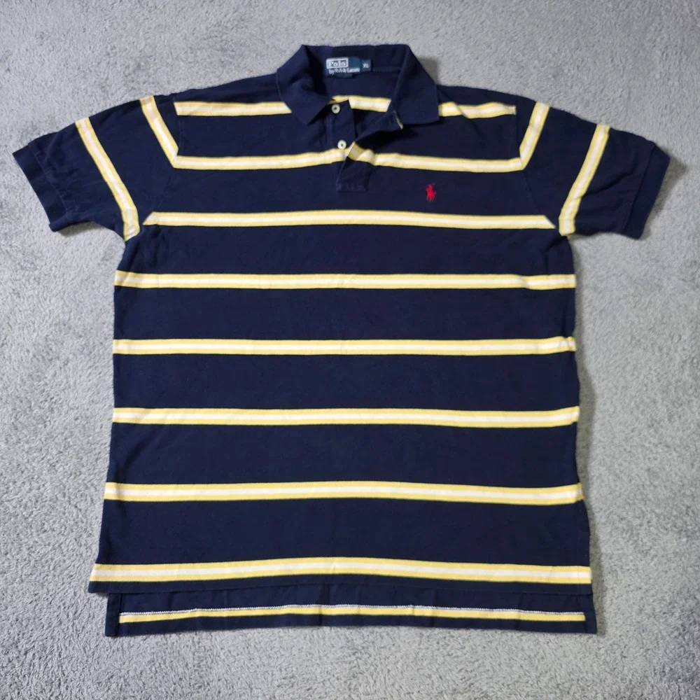 Polo Ralph Lauren Mens XL Polo Shirt Navy Blue Yellow Striped Short SLV Cotton